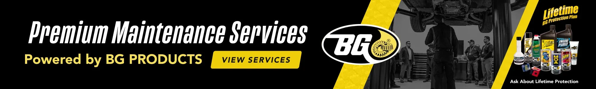Premium Maintenance Services by BG. Mechanics under a car on a lift, various BG products.